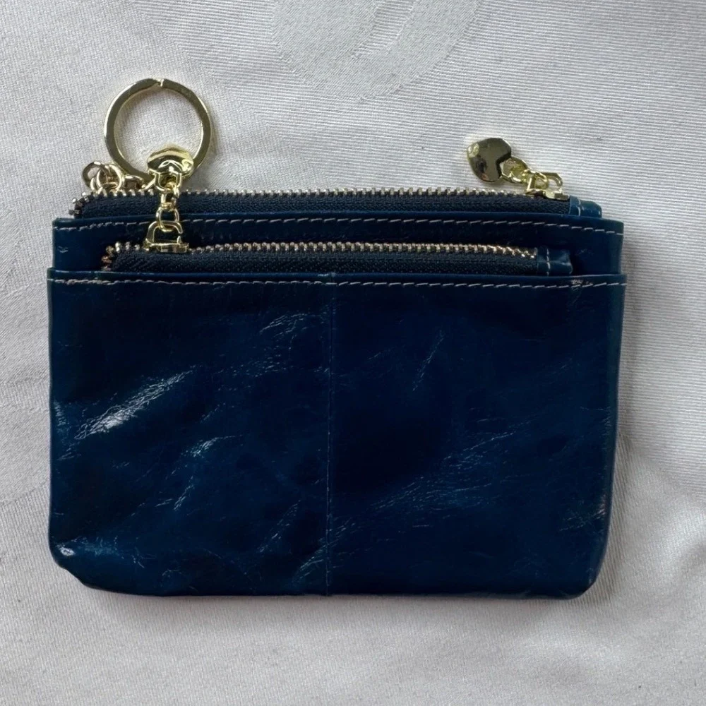 Brighton Blue Glazed Leather Coin Purse Card Holder‎ Key Ring Heart Zipper Pulls